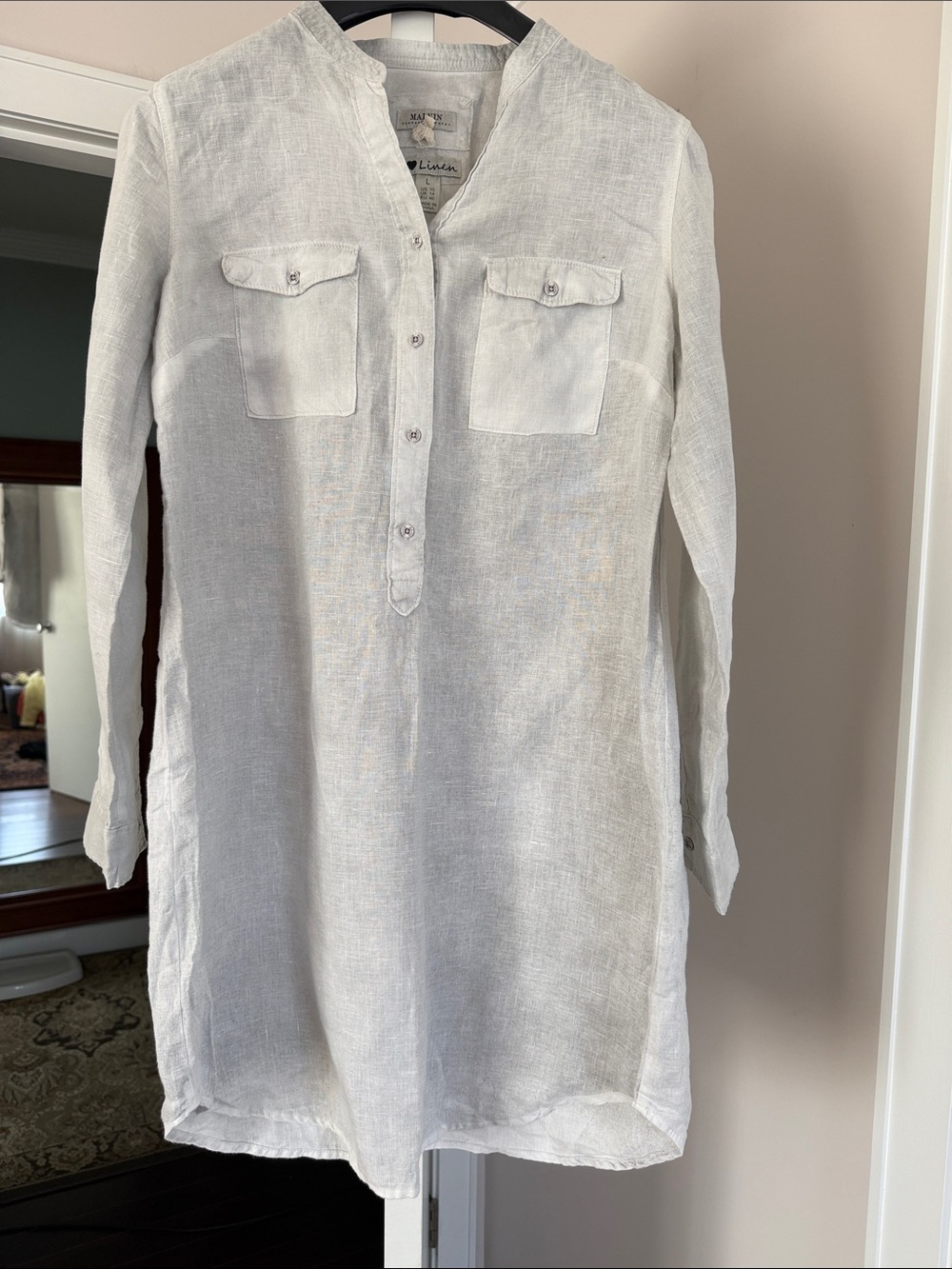 Malvin Gray Linen Ling Sleeve Tunic Casual Dress Size: L